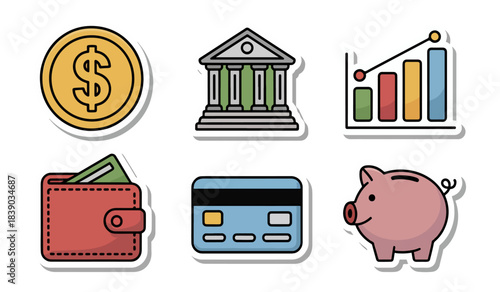 Finance icons coin bank wallet credit card and bar chart illustrations