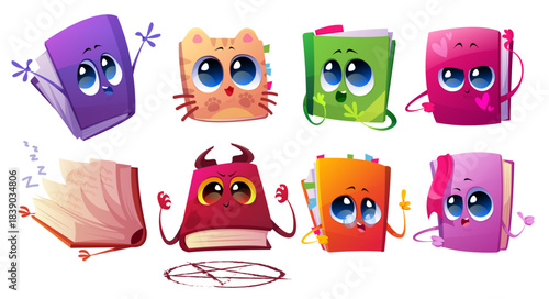 Cute books characters with bookmarks and glasses