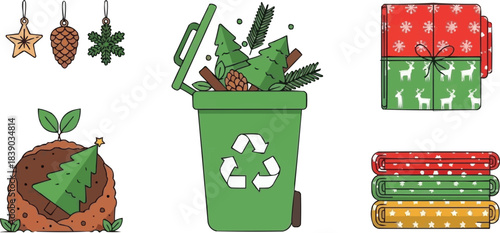 Eco-Friendly Christmas Vector Set with Recycling, Composting Tree, and Reusable Gift Wrap Illustrations