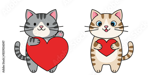 Adorable cat mascots hugging heart shape in playful cartoon flat vector illustration for romantic and kids concepts
