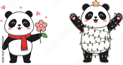 Adorable panda mascots holding flower and wrapped in festive lights in cute cartoon flat vector illustration