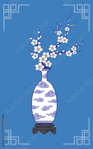 Chinese plum blossom flower in blue and white porcelain vase illustration with frame. Monochrome Chinoiserie graphic design. 