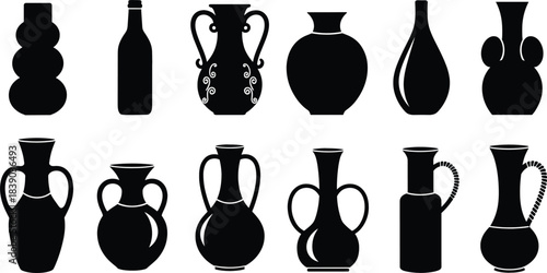 Black pottery and vase silhouette icon set in elegant flat vector style for home decor and interior design