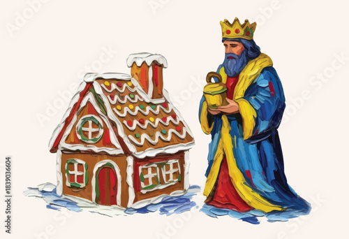 Gingerbread house with wise man illustration for Christmas holiday design
