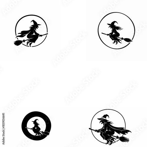 Flying Witch Silhouette Icons on Broomstick in Circular Frames Set