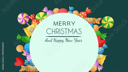 Christmas banners with festive gingerbread cookies and candies. Cute holiday design with sweets party.