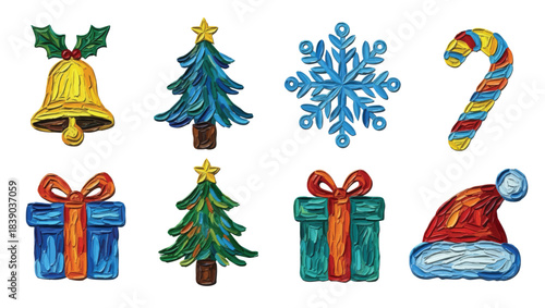 Set of Christmas Elements.  Pine, Gift, Snow, Candle, Bells, Santa Hat