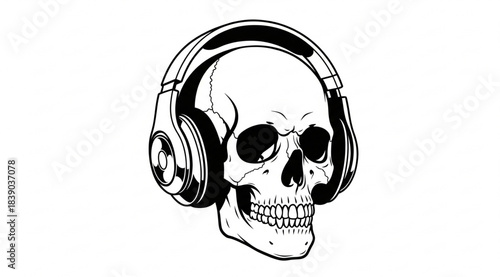 Human Skull Wearing Headphones Black and White Vector Illustration