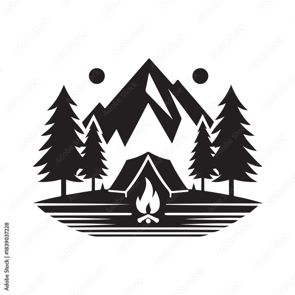 Obraz premium mountain camp vector silhouette clip art logo design illustration. abstract hill camp icon collections