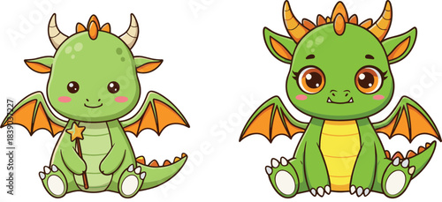 Cute baby dragon characters sitting illustration in kawaii cartoon flat vector style for kids fantasy designs