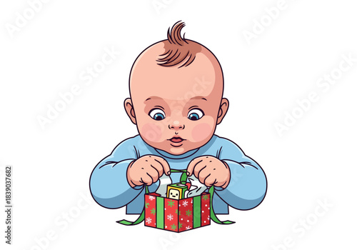 Baby boy opening gift box with surprise