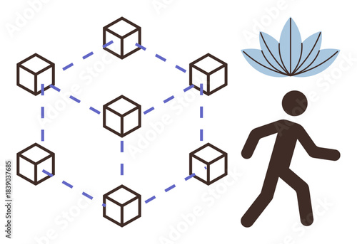 Connected cubes forming a network, paired with a walking figure under a calming lotus flower. Ideal for blockchain, connection, wellness, mindfulness, balance, self-discovery, simple flat metaphor