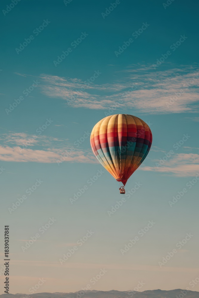 Fototapeta premium Calm, minimal scene with a lone hot air balloon in expansive blue atmosphere