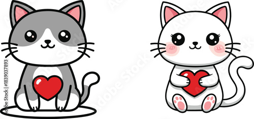 Cute cartoon cat characters holding heart symbols in kawaii flat vector style for love and valentine designs