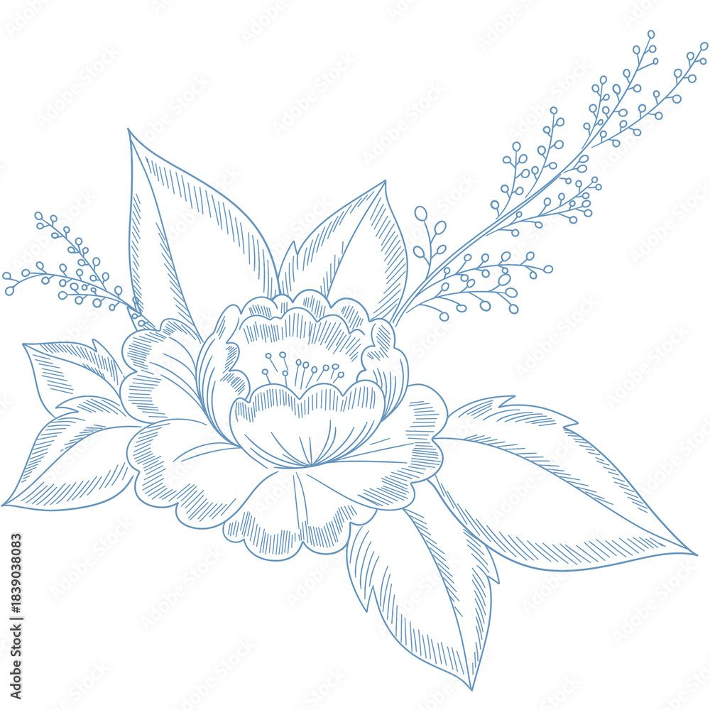 Fototapeta premium Elegant Blue Engraved Floral Bloom with Leaves and Sprigs