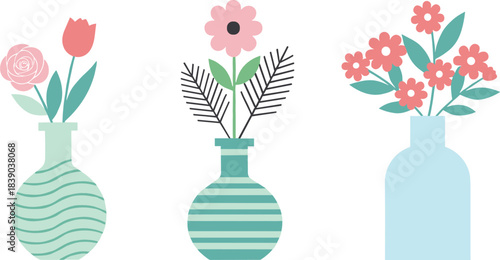 Cute flower arrangements in stylish vases illustrated in soft pastel flat vector design for home decor