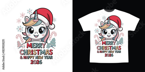 Cute Unicorn Christmas T-Shirt Design | Merry Christmas & Happy New Year 2026 | Kids Holiday Unicorn Illustration