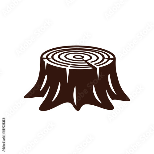 Flat solid dark brown tree stump icon with growth rings