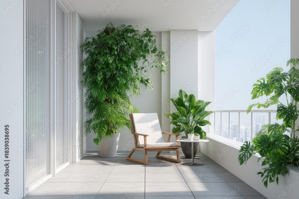 Fototapeta premium Modern balcony with lush plants and chair