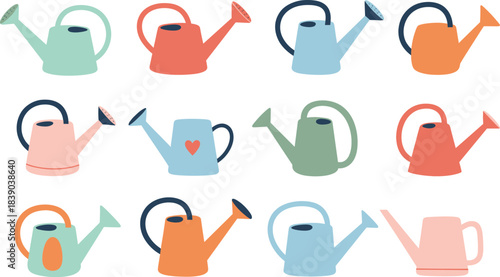 Cute modern watering can illustrations collection in playful flat vector design perfect for gardening branding