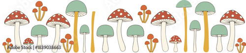 Cute mushroom border illustration with forest fungi in hand drawn flat vector style for nursery and nature designs