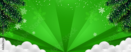 Christmas green background with pine branches, snow, and snowflakes border