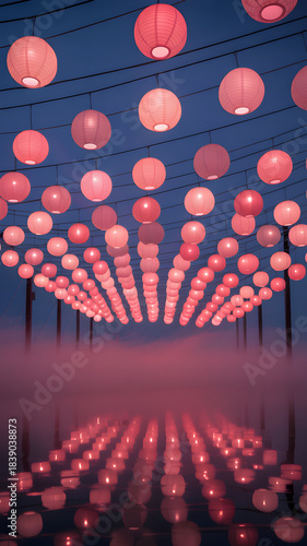 Symmetrical Pink Paper Lanterns Glowing Over Reflective Surface at Night