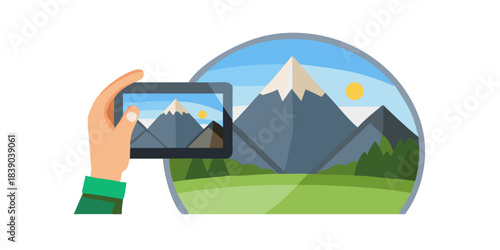 Photographer hand holds a protective filter from the lens, against the backdrop of a beautiful mountain landscape, created with Generative AI.