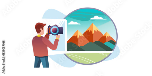 Photographer hand holds a protective filter from the lens, against the backdrop of a beautiful mountain landscape, created with Generative AI.