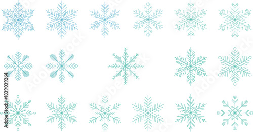 Decorative snowflake icon set in minimal line art vector style for winter holiday backgrounds and seasonal design