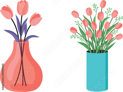 Elegant tulip floral arrangements in decorative vases illustrated in minimal flat vector style for interior decor
