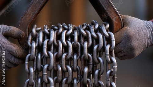 Close-up of gloved hands aligning chains on a heavy load for hoisting in an industrial setting, emphasizing rigging, load handling, and professional lifting operations