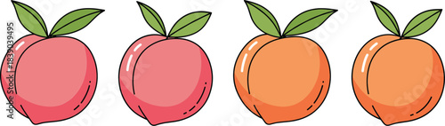 Fresh peach fruit icons collection with leaves in simple flat vector illustration style for packaging and branding