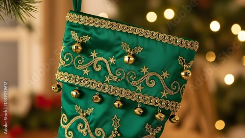 Luxurious emerald green holiday stocking, intricately embroidered with golden swirling patterns and adorned with festive jingle bells, waiting for gifts