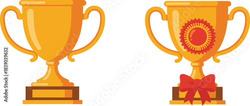 Golden trophy cup illustration set symbolizing victory success and achievement in flat vector style for awards