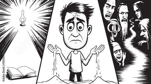 Man overwhelmed by anxiety, facing judgment and seeking enlightenment, isolated on white
