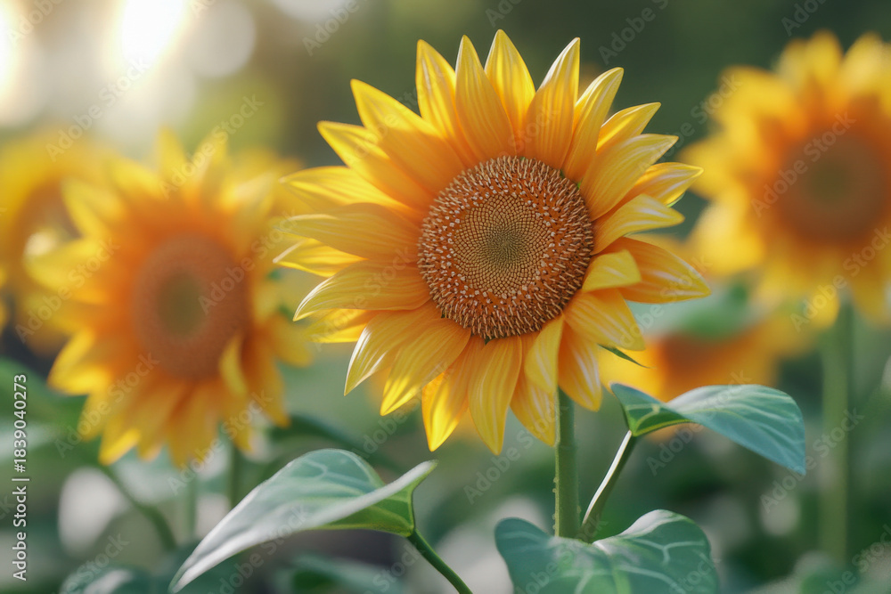 Fototapeta premium Sunflowers stand tall in a garden, soaking up sunlight on a warm summer day. Bees buzz among the flowers