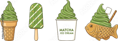 Matcha ice cream dessert illustration set with cone popsicle cup and fish waffle in cute flat vector style