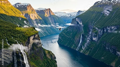 Majestic Norwegian Fjords with Cascading Waterfalls and Verdant Cliffs.