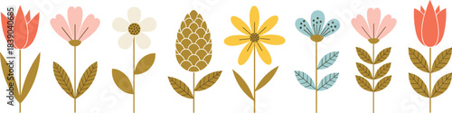 Minimal spring flowers collection featuring stylized blooms and leaves in soft flat vector illustration style