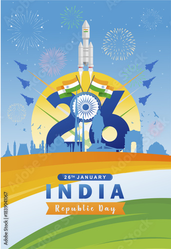 India Republic Day 26January 2026 with Tricolor Flag, Military Parade, Skyline and National Pride Illustration. India National symbol Illustration. Best for Independence Day and National Day. 