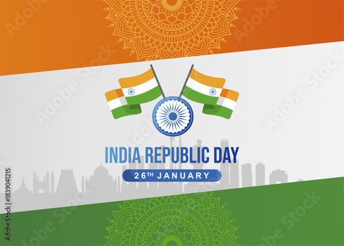 India Republic Day 26 January Tricolor Background with Ashoka Chakra and Skyline. deal for Republic Day banners, posters, corporate greetings, social media, websites, and national holiday promotions.
