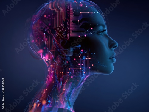 side profile of human head with digital circuit overlay in neon pink and blue hues suggesting cyborg or ai theme with ample empty space for text concept of technology innovation future