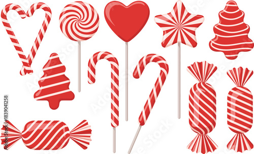Red and white striped candies and lollipops candy cane