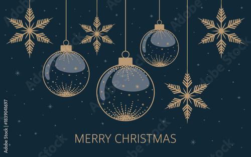 Gold snowflakes and Christmas baubles on dark blue background