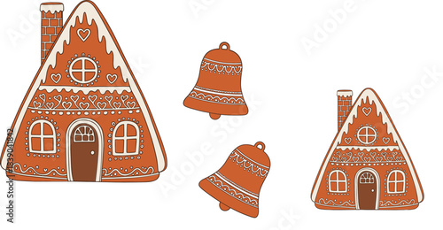 Seamless gingerbread house and bell pattern in festive hand drawn flat vector style for Christmas backgrounds