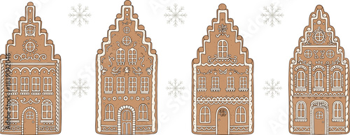 Seamless gingerbread house winter pattern in festive hand drawn vector style for Christmas holiday backgrounds