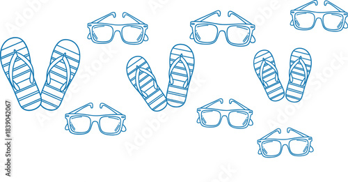 Seamless summer beach pattern with flip flops and sunglasses in hand drawn outline vector style for wallpaper