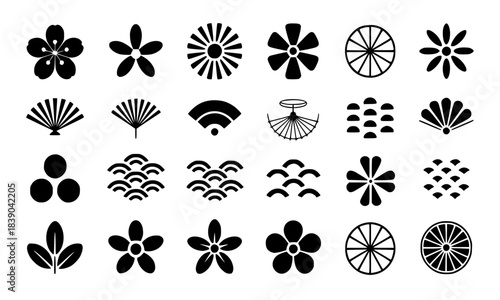 Set of Traditional Japanese Icons and Symbols, Black Vector Graphics Featuring Cherry Blossoms, Folding Fans, Seigaiha Waves, and Geometric Floral Motifs for Culture and Design