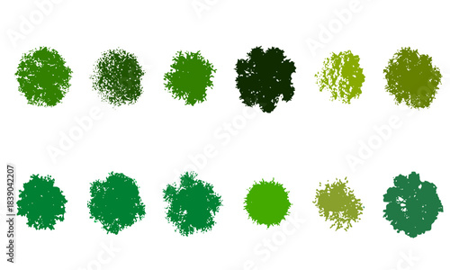 Set of Top View Tree and Bush Icons, Architectural Plan Elements in Different Shades of Green and Various Textures, Vector Graphics for Landscape Design and Mapping